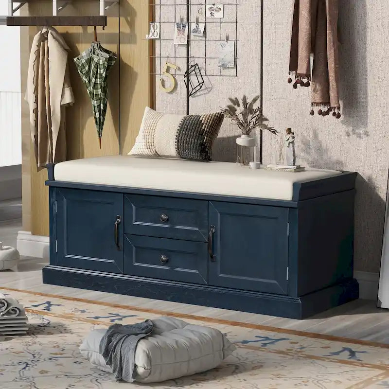 Panca contenitore imbottita Gray Wash / White / Black / Antique Navy, 2 cassetti e 2 ante, 1 persona