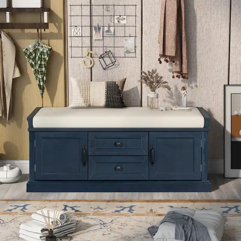 Panca contenitore imbottita Gray Wash / White / Black / Antique Navy, 2 cassetti e 2 ante, 1 persona