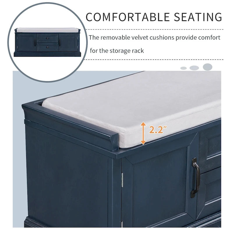 Panca contenitore imbottita Gray Wash / White / Black / Antique Navy, 2 cassetti e 2 ante, 1 persona