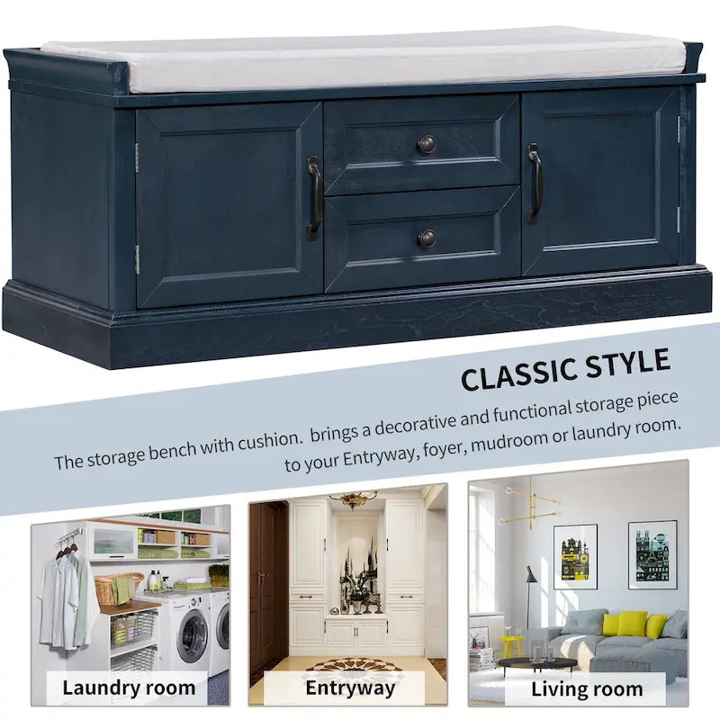 Panca contenitore imbottita Gray Wash / White / Black / Antique Navy, 2 cassetti e 2 ante, 1 persona