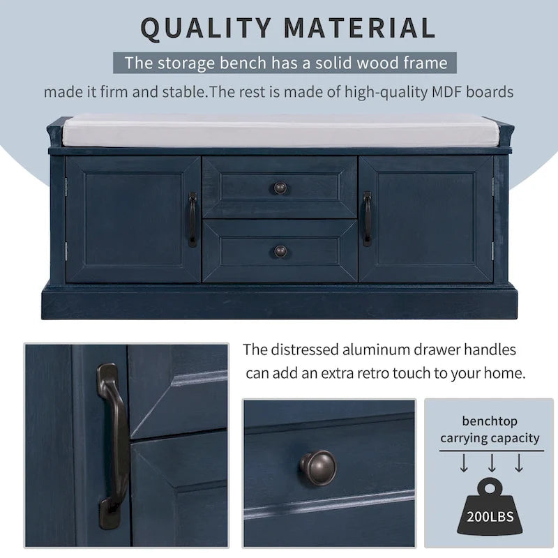 Panca contenitore imbottita Gray Wash / White / Black / Antique Navy, 2 cassetti e 2 ante, 1 persona