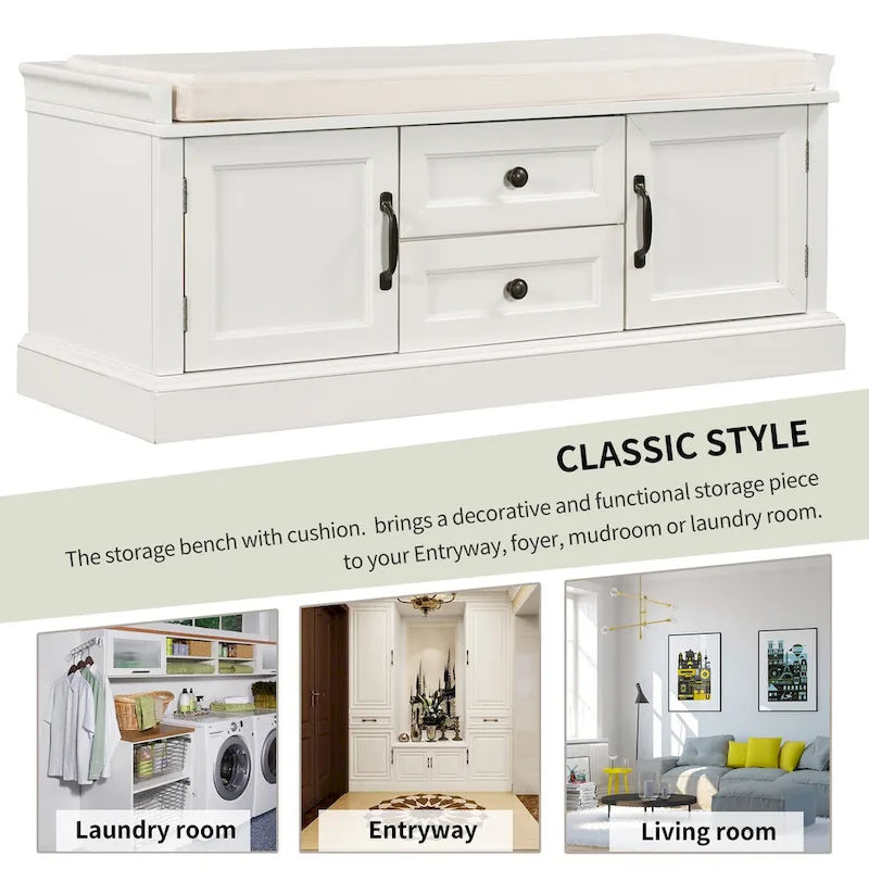 Panca contenitore imbottita Gray Wash / White / Black / Antique Navy, 2 cassetti e 2 ante, 1 persona