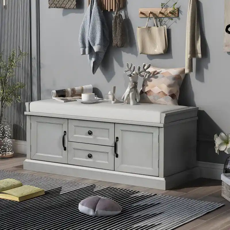 Panca contenitore imbottita Gray Wash / White / Black / Antique Navy, 2 cassetti e 2 ante, 1 persona