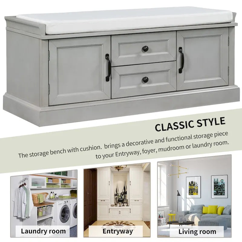 Panca contenitore imbottita Gray Wash / White / Black / Antique Navy, 2 cassetti e 2 ante, 1 persona