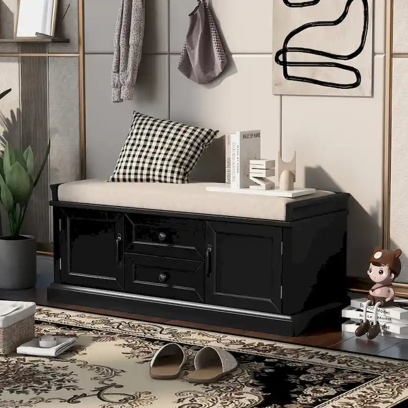 Panca contenitore imbottita Gray Wash / White / Black / Antique Navy, 2 cassetti e 2 ante, 1 persona