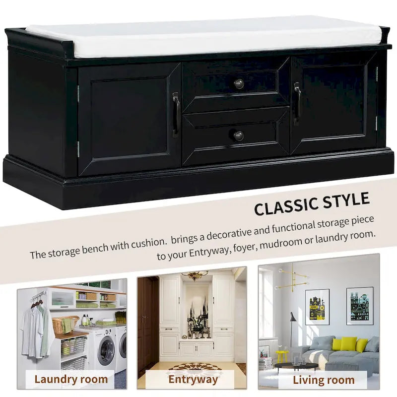 Panca contenitore imbottita Gray Wash / White / Black / Antique Navy, 2 cassetti e 2 ante, 1 persona