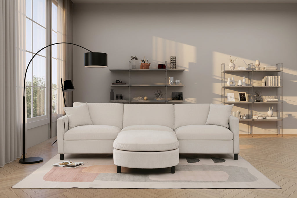 Divano 4 posti in tessuto beige con pouf mobile