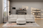 Divano 4 posti in tessuto beige con pouf mobile