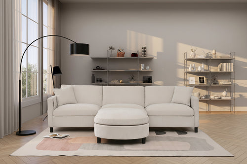 Divano 4 posti in tessuto beige con pouf mobile