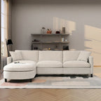 Divano 4 posti in tessuto beige con pouf mobile