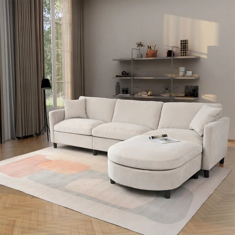 Divano 4 posti in tessuto beige con pouf mobile