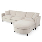 Divano 4 posti in tessuto beige con pouf mobile