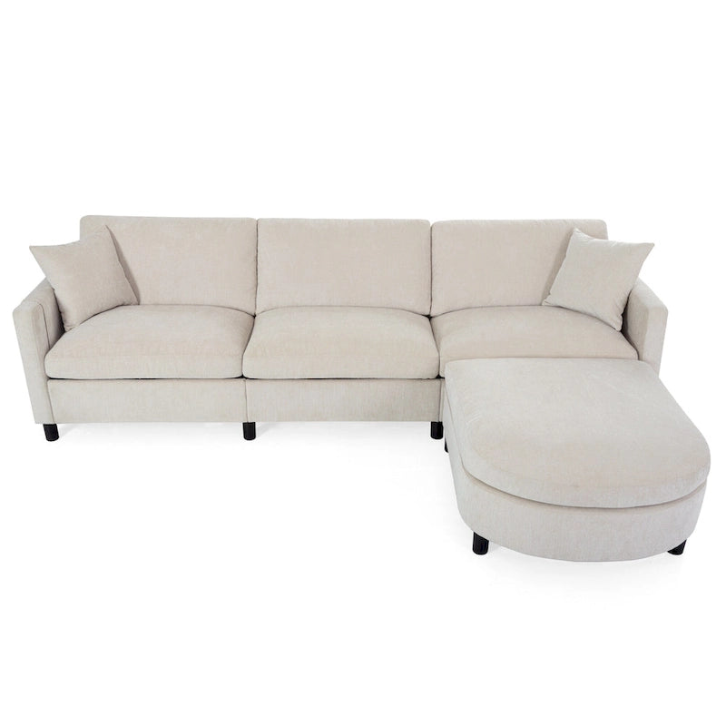 Divano 4 posti in tessuto beige con pouf mobile