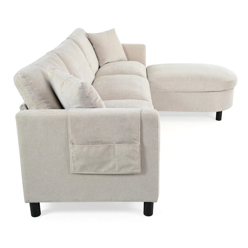 Divano 4 posti in tessuto beige con pouf mobile