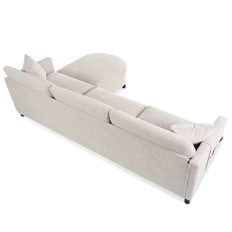 Divano 4 posti in tessuto beige con pouf mobile