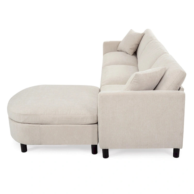 Divano 4 posti in tessuto beige con pouf mobile