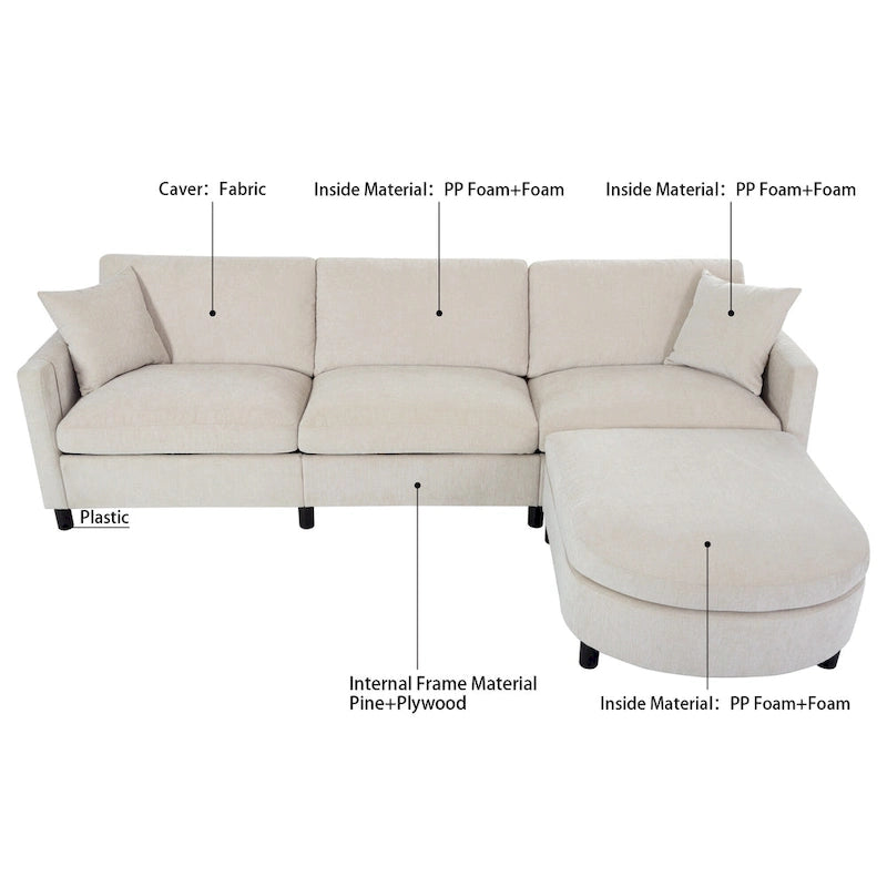 Divano 4 posti in tessuto beige con pouf mobile