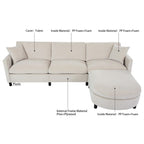 Divano 4 posti in tessuto beige con pouf mobile