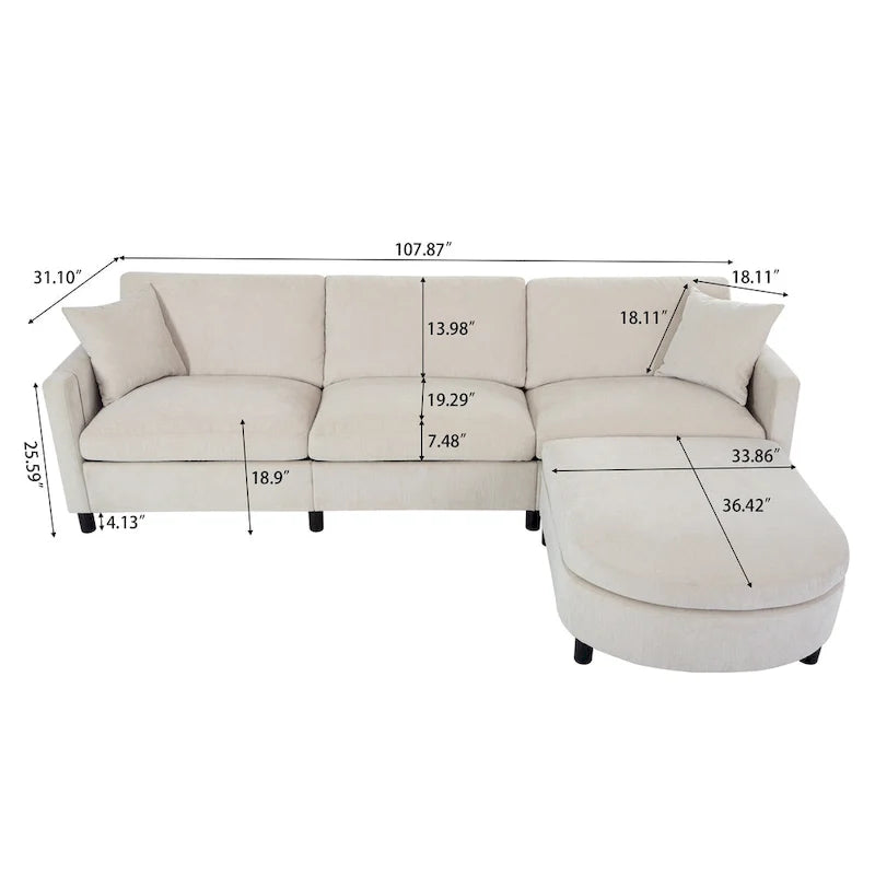Divano 4 posti in tessuto beige con pouf mobile