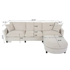 Divano 4 posti in tessuto beige con pouf mobile