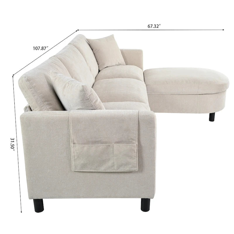 Divano 4 posti in tessuto beige con pouf mobile