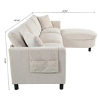 Divano 4 posti in tessuto beige con pouf mobile
