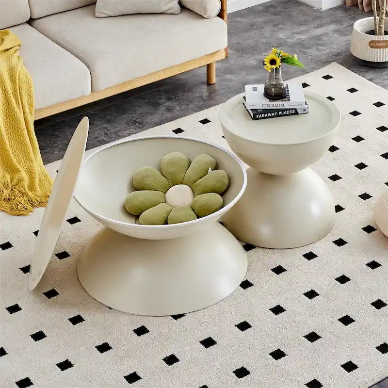 Tavolini da caffè rotondi con struttura in metallo, nero opaco/bianco latte, set da 2