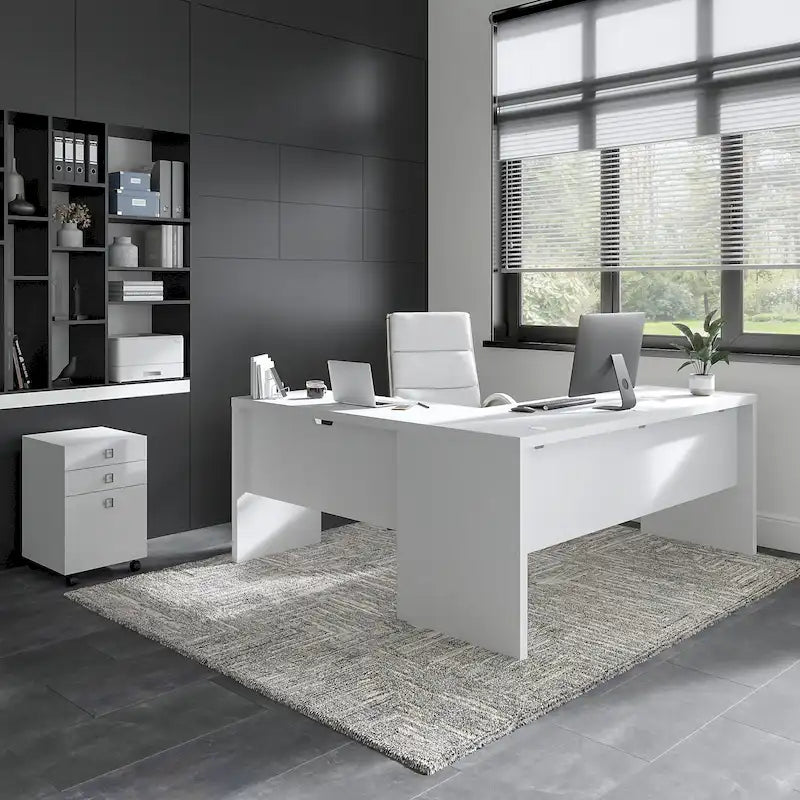 Scrivania angolare per computer Pure White con mobile portadocumenti a 3 cassetti, 72W, per 1 persona
