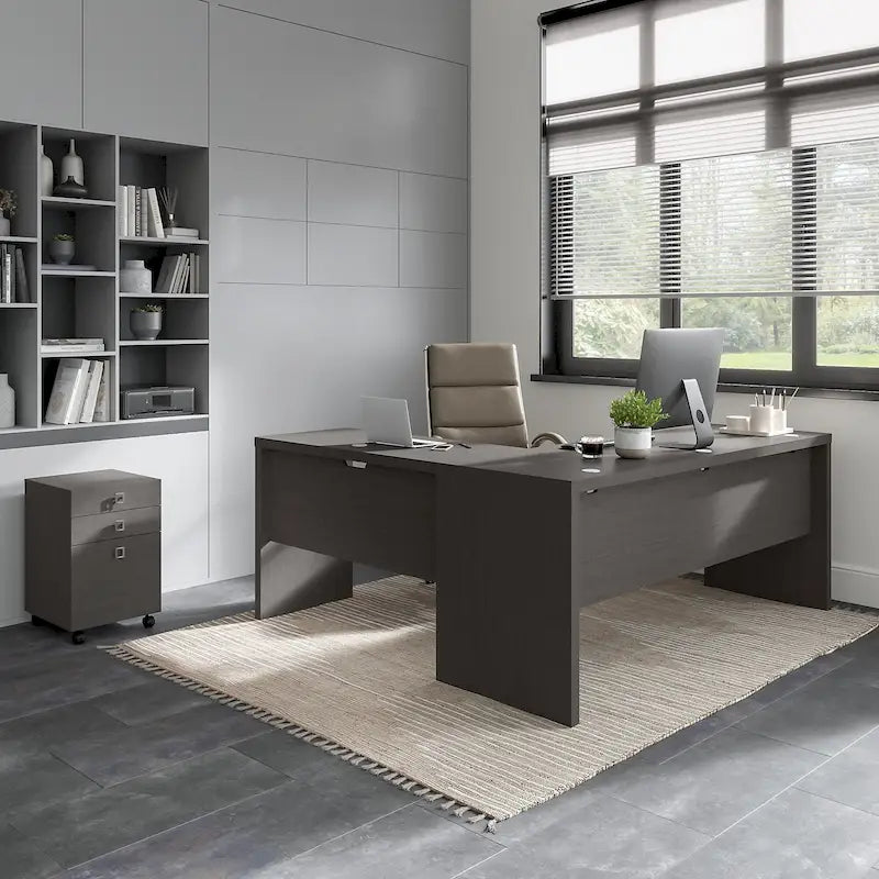 Scrivania angolare per computer Pure White con mobile portadocumenti a 3 cassetti, 72W, per 1 persona