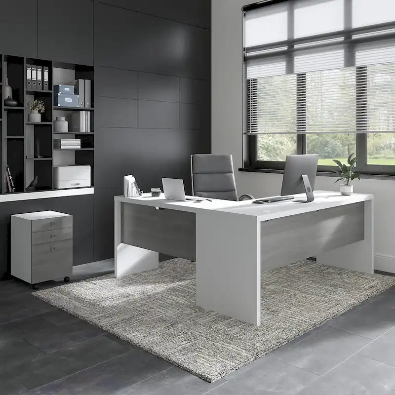 Scrivania angolare per computer Pure White con mobile portadocumenti a 3 cassetti, 72W, per 1 persona