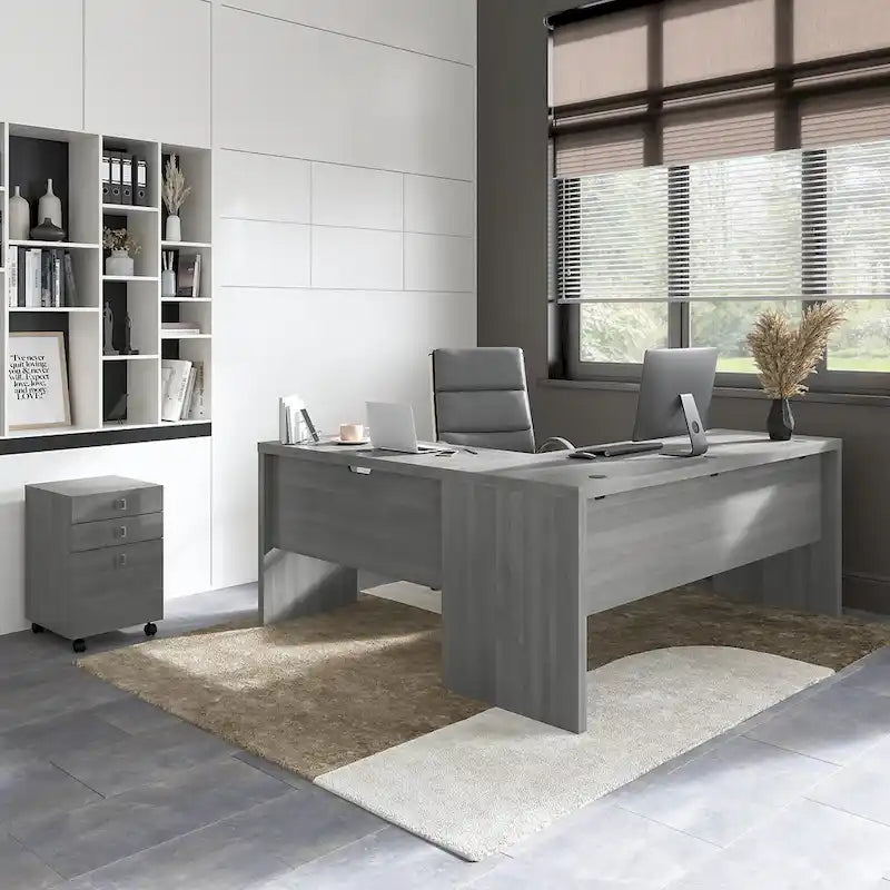 Scrivania angolare per computer Pure White con mobile portadocumenti a 3 cassetti, 72W, per 1 persona