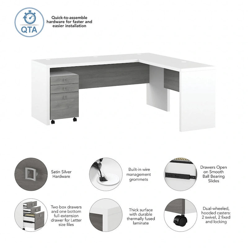 Scrivania angolare per computer Pure White con mobile portadocumenti a 3 cassetti, 72W, per 1 persona