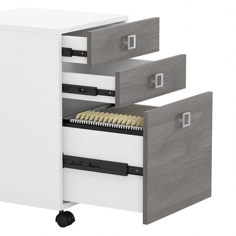 Scrivania angolare per computer Pure White con mobile portadocumenti a 3 cassetti, 72W, per 1 persona