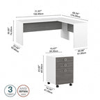 Scrivania angolare per computer Pure White con mobile portadocumenti a 3 cassetti, 72W, per 1 persona