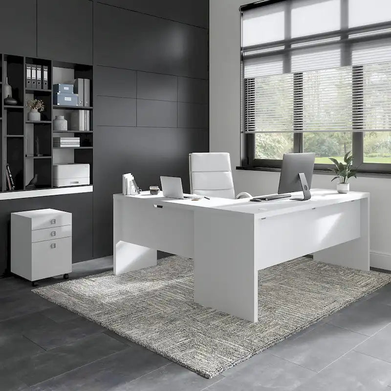 Scrivania angolare per computer Pure White con mobile portadocumenti a 3 cassetti, 72W, per 1 persona