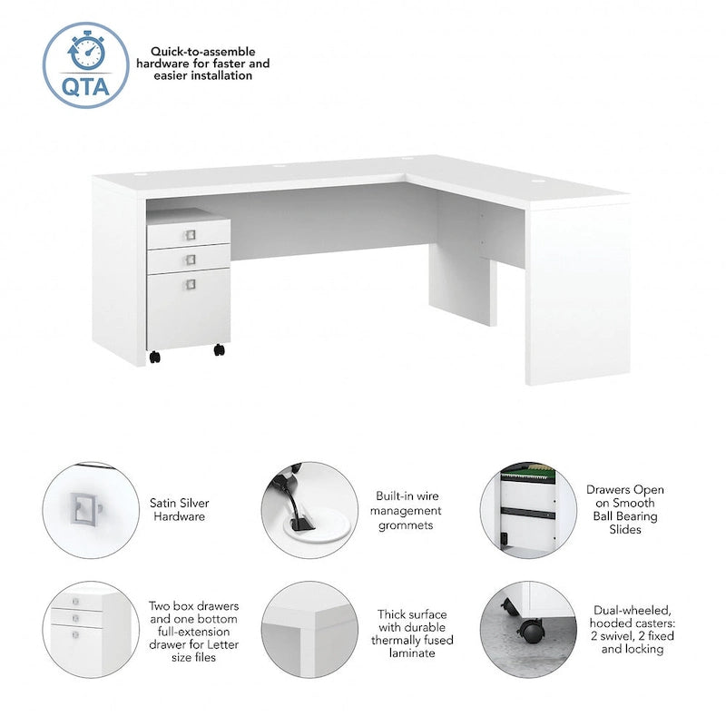 Scrivania angolare per computer Pure White con mobile portadocumenti a 3 cassetti, 72W, per 1 persona