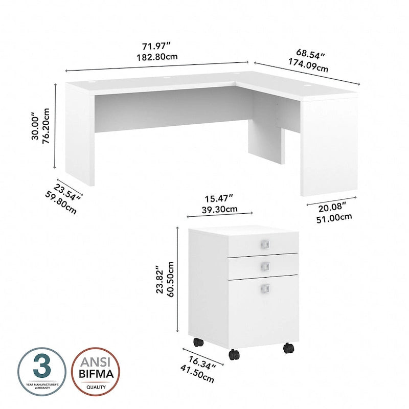 Scrivania angolare per computer Pure White con mobile portadocumenti a 3 cassetti, 72W, per 1 persona
