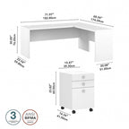 Scrivania angolare per computer Pure White con mobile portadocumenti a 3 cassetti, 72W, per 1 persona