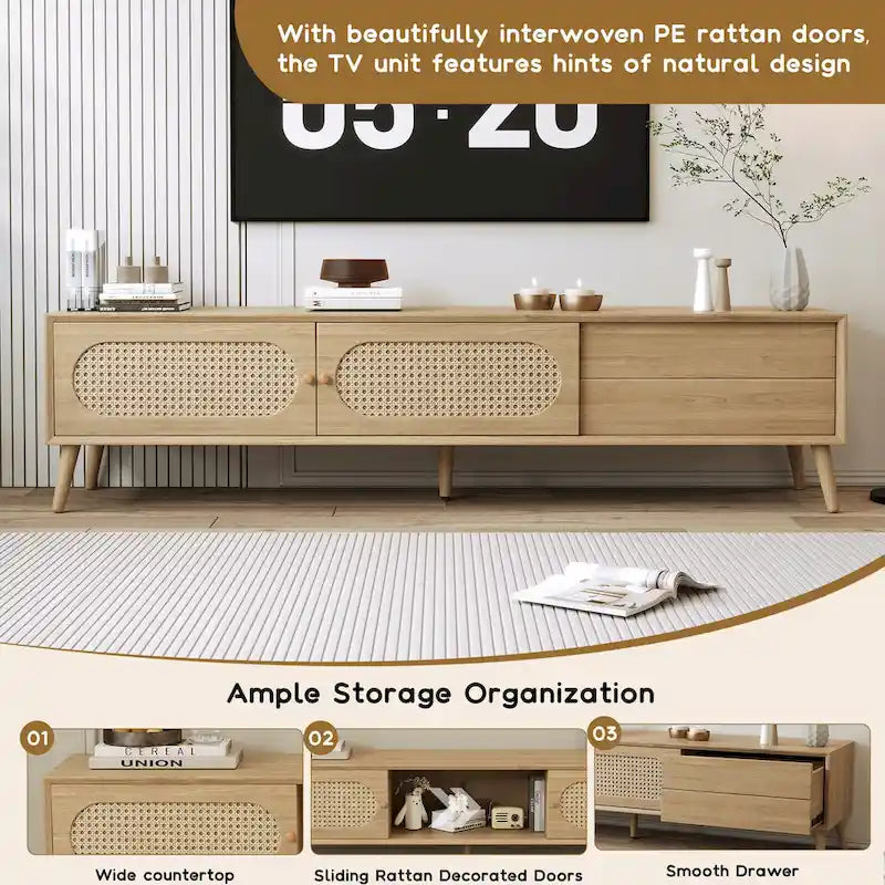 Mobile TV in rattan naturale, stile rustico, adatto a TV fino a 80 pollici