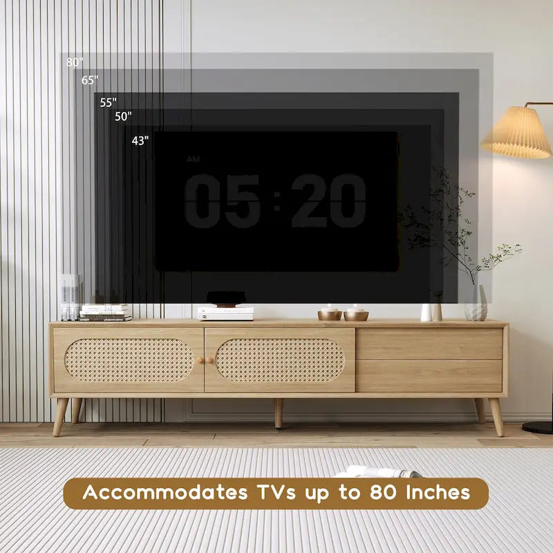 Mobile TV in rattan naturale, stile rustico, adatto a TV fino a 80 pollici