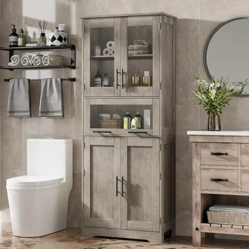 Mobile alto contenitore con ante in vetro, colore grigio/marrone/bianco, singolo