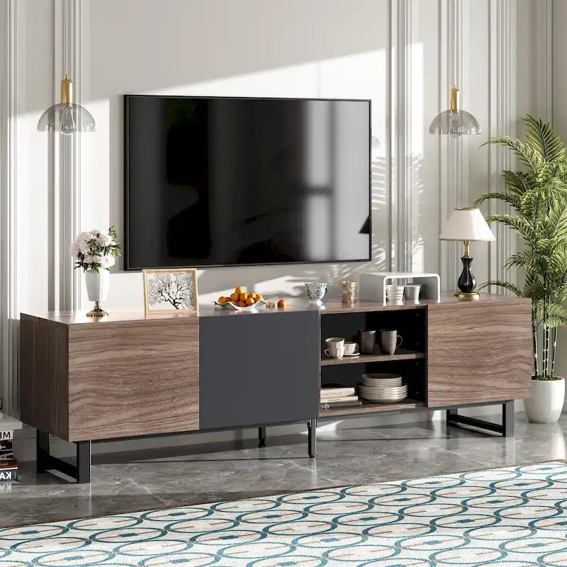 Mobile TV marrone scuro con 3 armadietti e ripiani aperti, adatto per TV fino a 80"