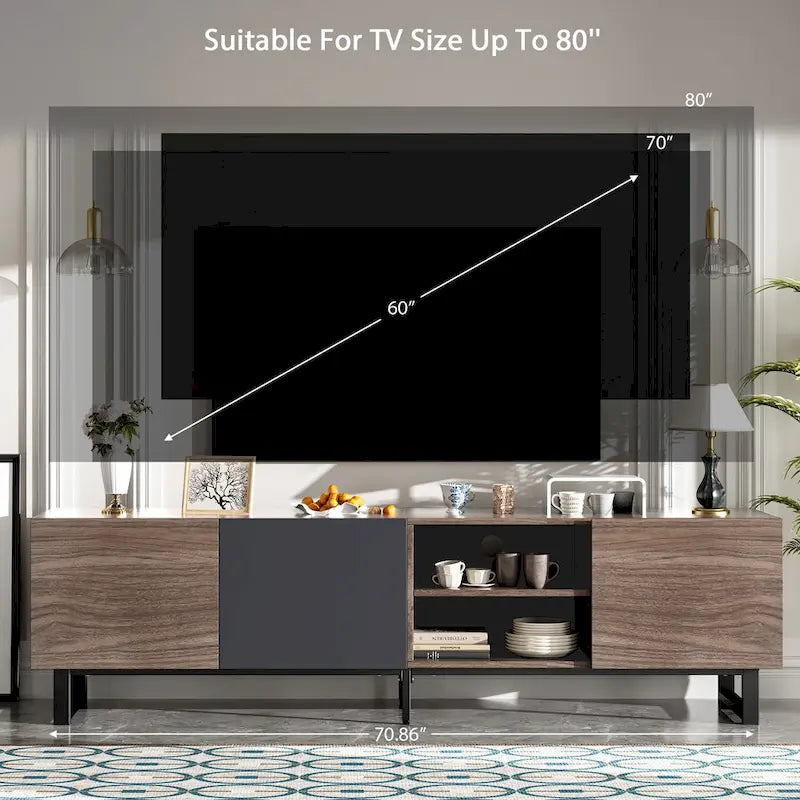 Mobile TV marrone scuro con 3 armadietti e ripiani aperti, adatto per TV fino a 80"