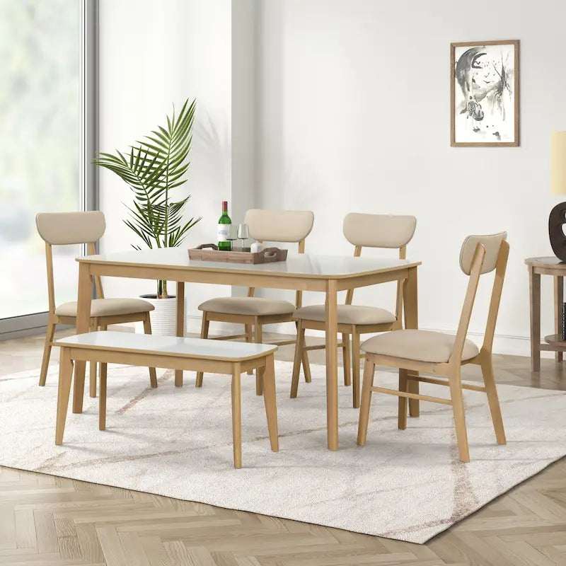 Set da pranzo da 6 pezzi, bianco crema e rovere chiaro, stile moderno, 6 posti a sedere