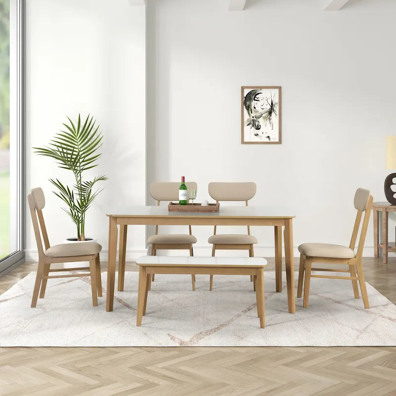 Set da pranzo da 6 pezzi, bianco crema e rovere chiaro, stile moderno, 6 posti a sedere