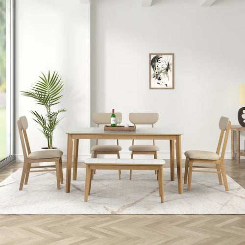 Set da pranzo da 6 pezzi, bianco crema e rovere chiaro, stile moderno, 6 posti a sedere