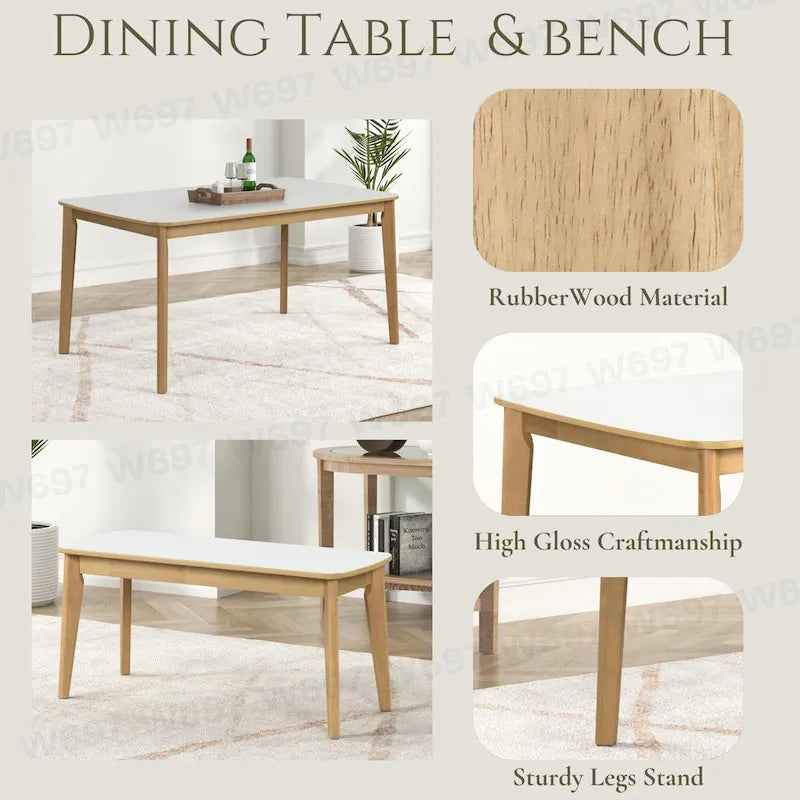 Set da pranzo da 6 pezzi, bianco crema e rovere chiaro, stile moderno, 6 posti a sedere