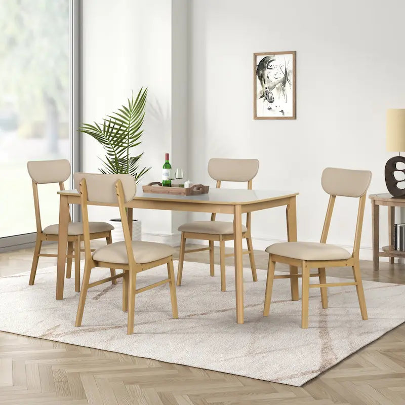Set da pranzo da 6 pezzi, bianco crema e rovere chiaro, stile moderno, 6 posti a sedere