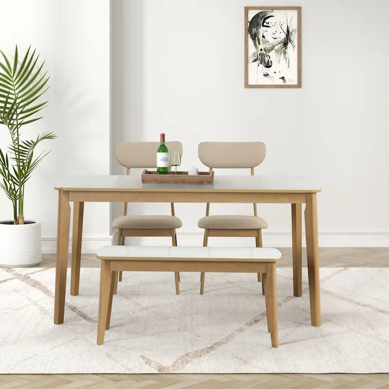 Set da pranzo da 6 pezzi, bianco crema e rovere chiaro, stile moderno, 6 posti a sedere