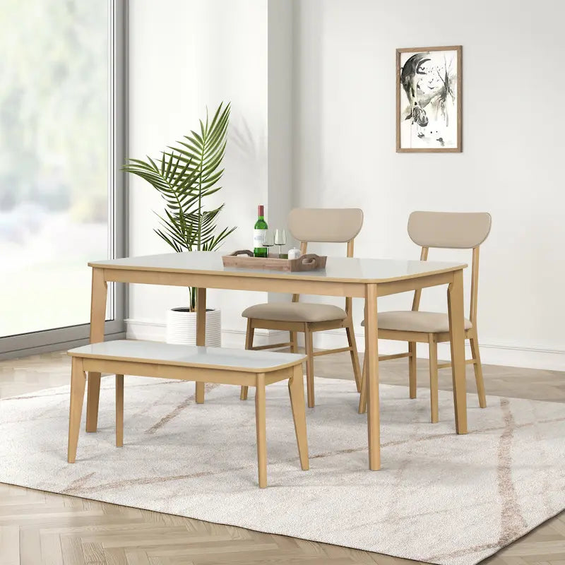 Set da pranzo da 6 pezzi, bianco crema e rovere chiaro, stile moderno, 6 posti a sedere